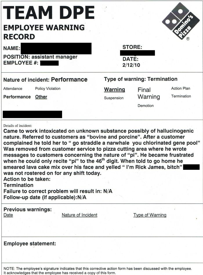 Domino’s Pizza Employee Warning Record (1 pic)