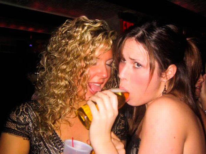 Girls drinking beer in very strange ways. 