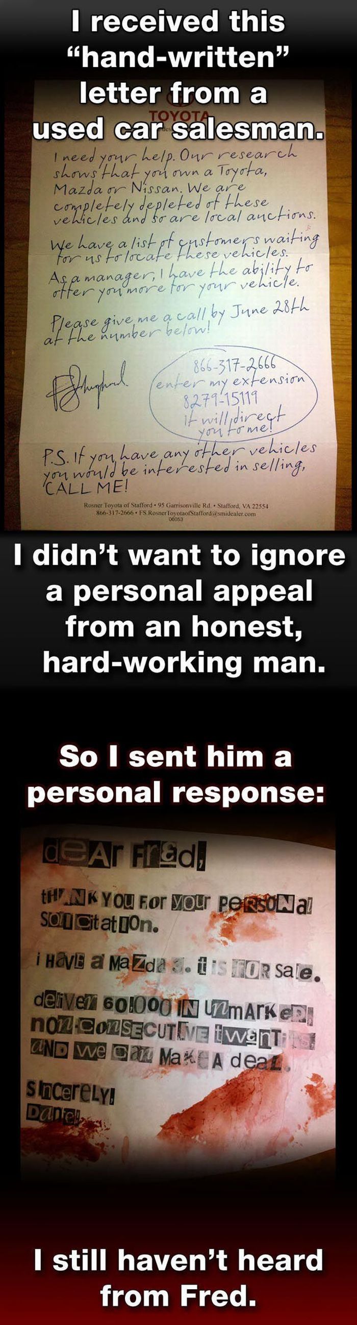 Letter From Used Car Salesman (1 pic)