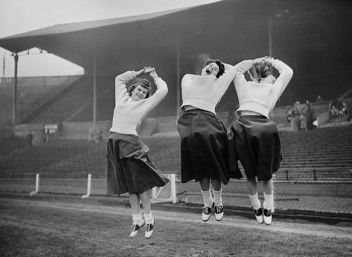 A combination of cheerleading photos from different eras