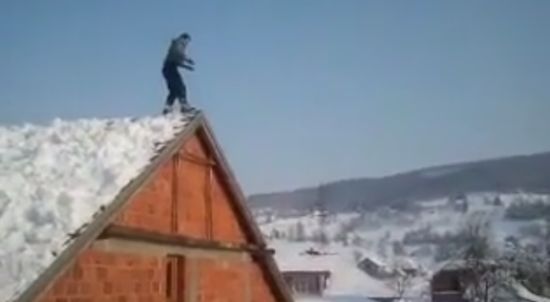 Crazy Roof Jump into Snow