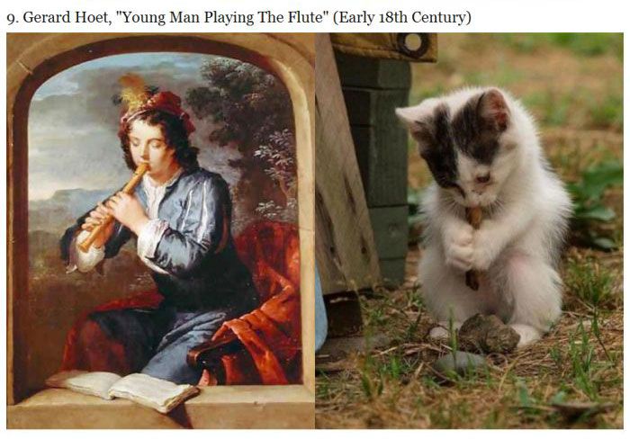 Imagine a serious cat resembling a famous art piece