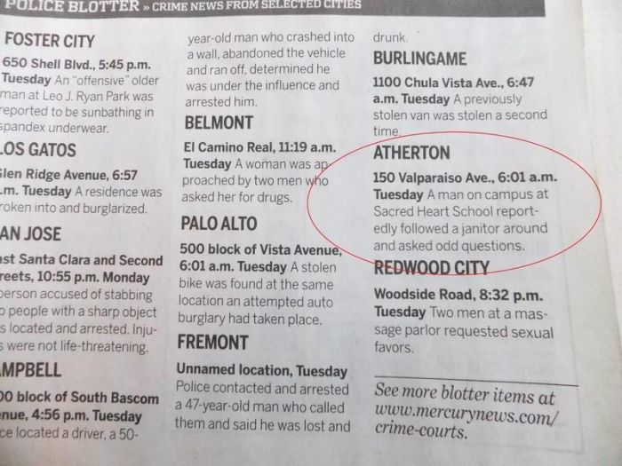 Police Blotter Reports From Atherton, California (19 pics)
