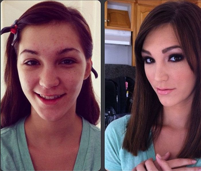 A lot of photos of porn actresses with and without makeup. 