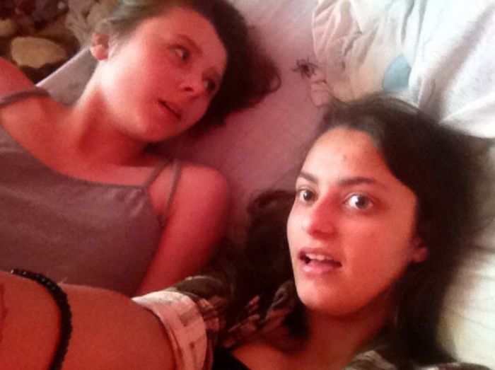 Selfie Girls Get Photo Bombed By A Spider (5 pics)