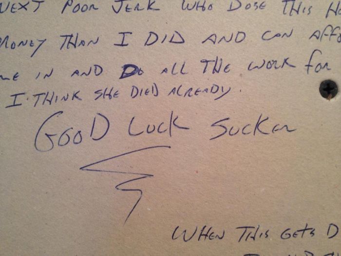 Angry Note Hidden By Previous Owner In Kitchen (7 pics)