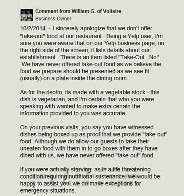 Restaurant Owner Has The Perfect Response To Angry Yelp User (3 pics)