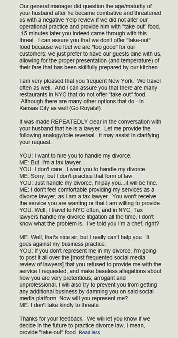 Restaurant Owner Has The Perfect Response To Angry Yelp User (3 pics)