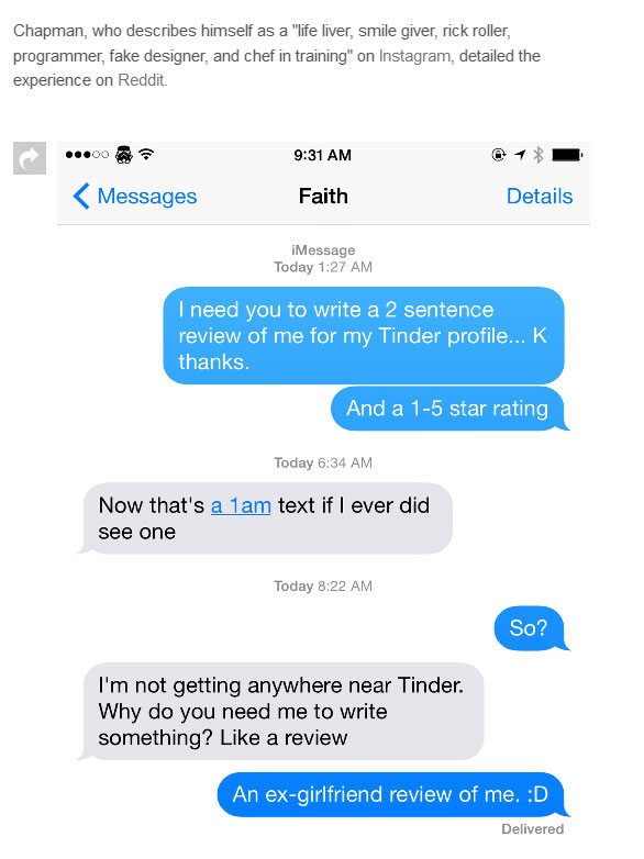 Guy Gets Ex-Girlfriends To Write Tinder Reviews For Him (5 pics)