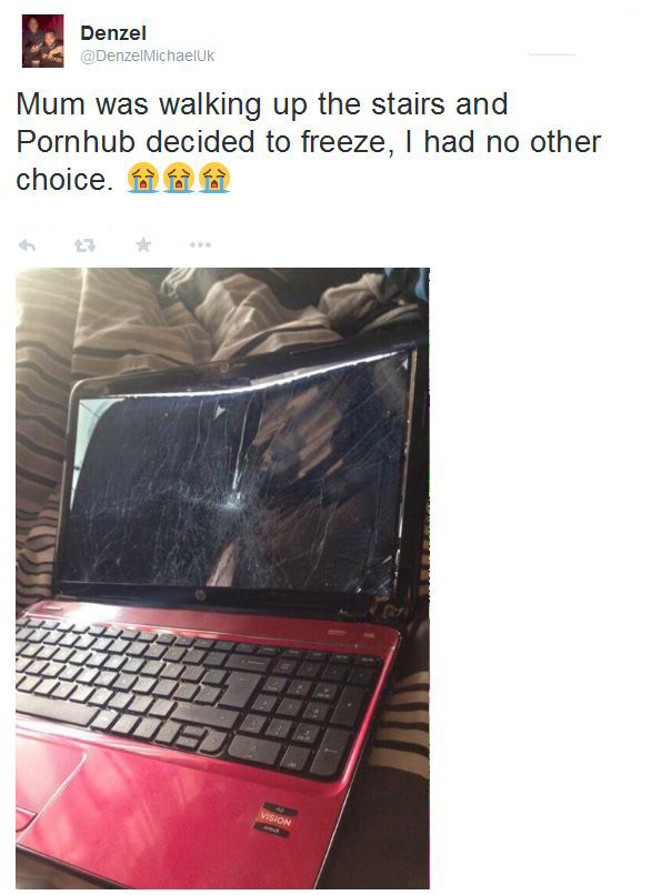 Pornhub Sends Man A New Computer After He Smashed His (2 pics)