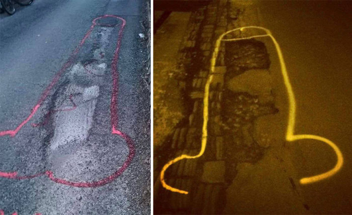 Artist Uses Penises To Draw Attention To Potholes In England (10 pics)