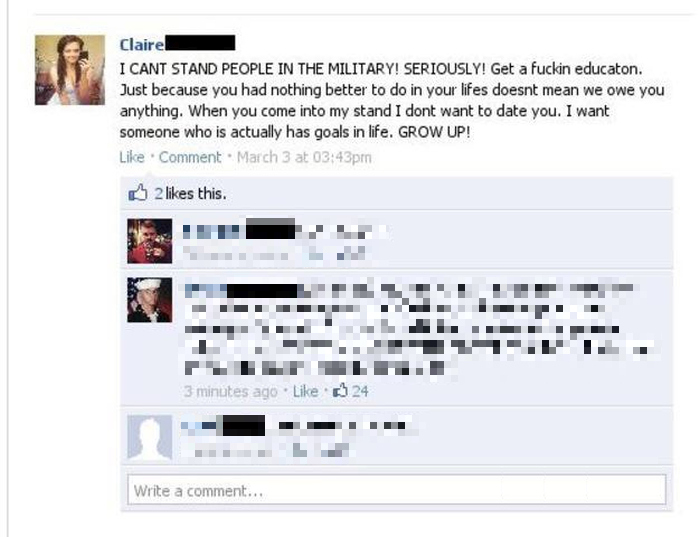 This Girl Got Destroyed For Ripping On The Military On Facebook (2 pics)