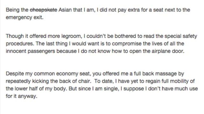 This Asian Woman's Letter To The Passenger From Hell Is Hilarious (8 pics)