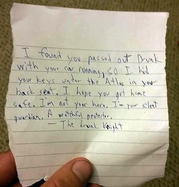 The Drunk Knight Leaves Hilarious Note For Man Passed Out In His Car (2 pics)