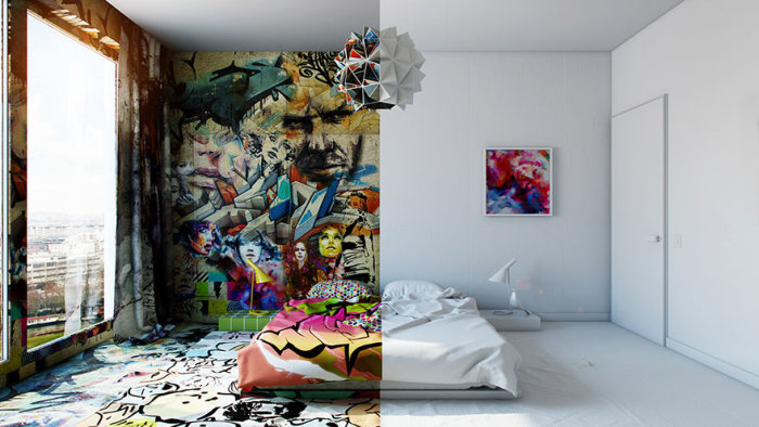 Designer Creates Half White, Half Griffiti Filled Hotel Room (6 pics)