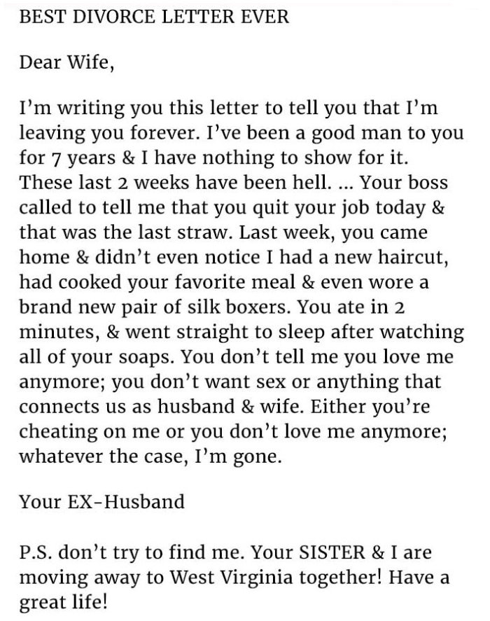 Wife Has The Best Response To Cheating Husband's Breakup Letter (2 pics)