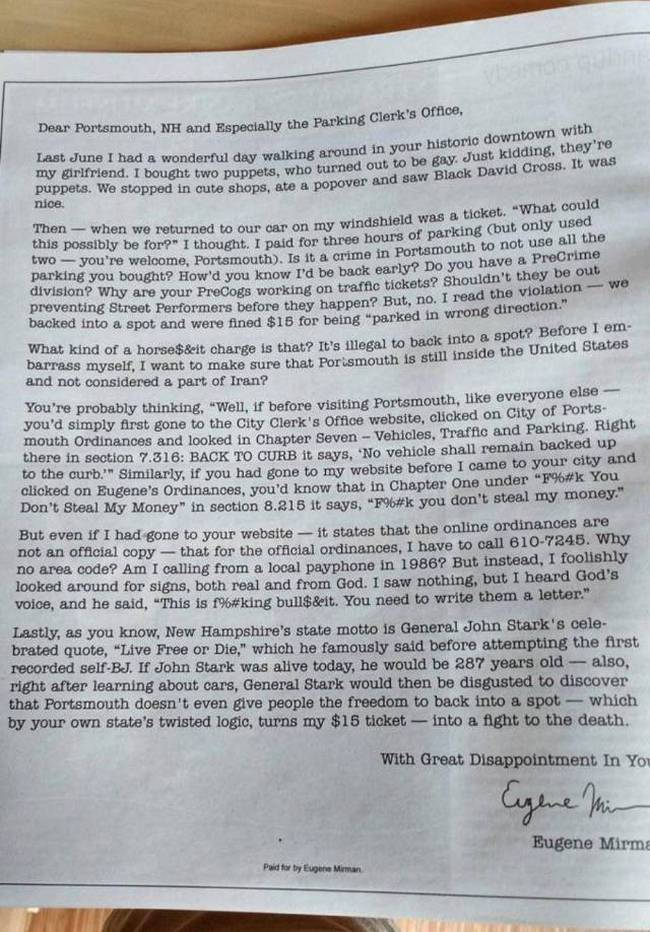 Stand Up Comedian Uses A Full Newspaper Page To Respond To A Parking Ticket