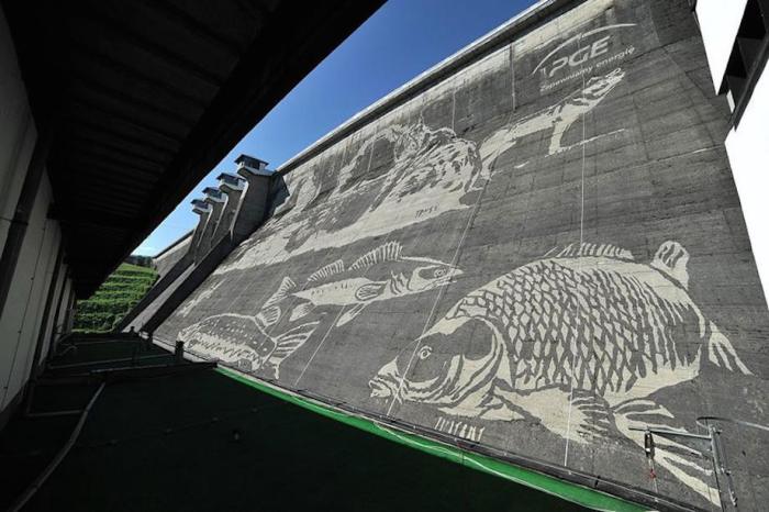 Workers Used Pressure Washers To Create This Stunning Mural On A Polish Dam (6 pics)