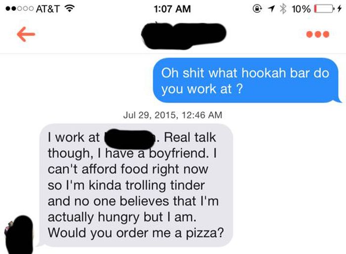 Girl Trolls Tinder Trying To Get Pizza But Instead She Just Gets Burned (2 pics)