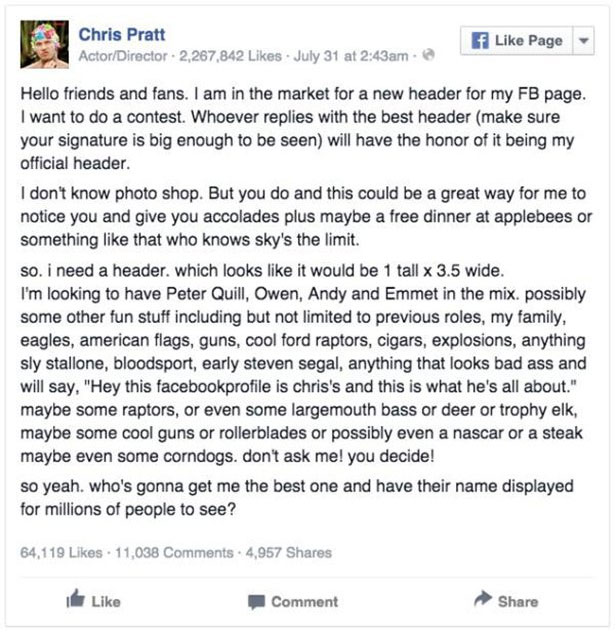 Chris Pratt Asked The Internet To Design His Facebook Header Image (11 pics)