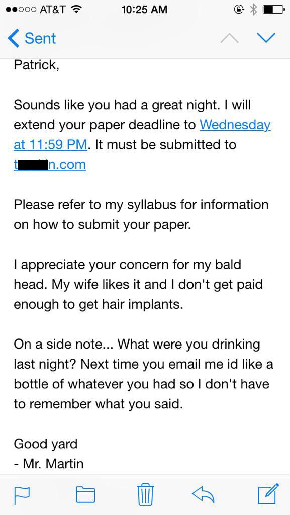 This Student Sent A Drunk E-Mail To His Teacher And Got An Awesome Response (2 pics)