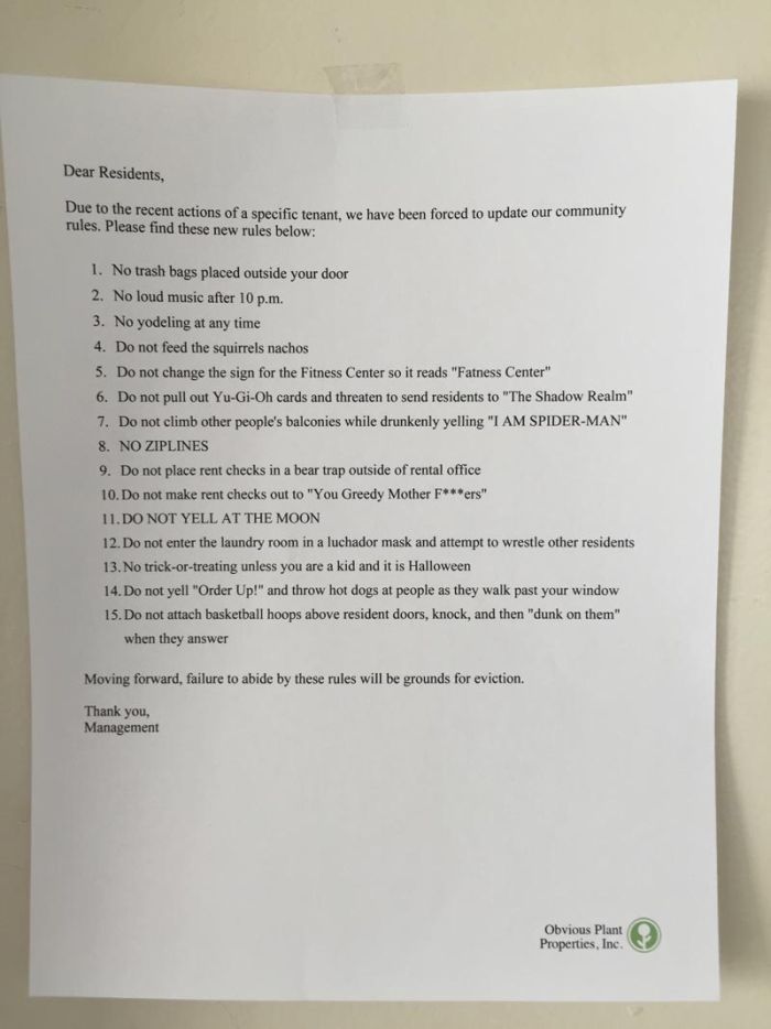 Man Leaves Funny Letter From Management On Apartment Complex Doors (2 pics)