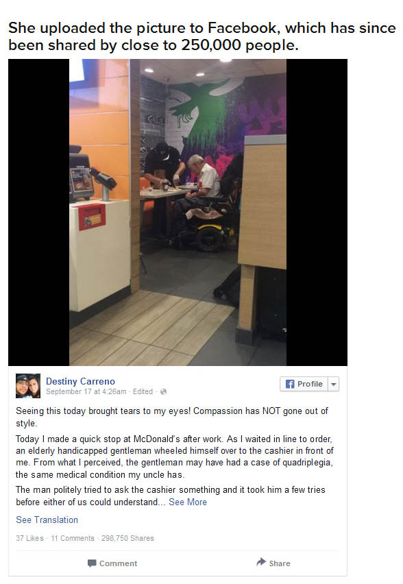 Compassionate McDonald's Worker Helps Man Who Can't Feed Himself (5 pics)