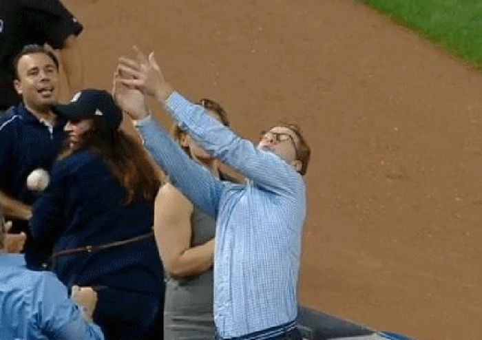 New York Yankees Fan Botches Three Attempts At Catching A Baseball (3 gifs)