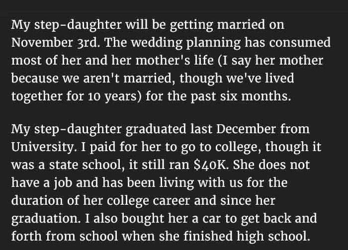 Step Dad Stops Funding His Step Daughter's Wedding For A Good Reason (6 pics)