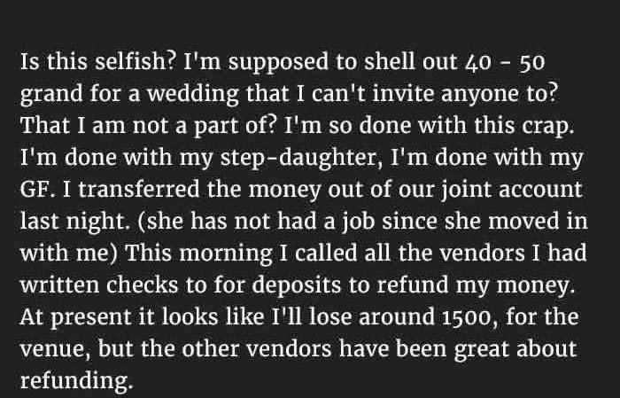 Step Dad Stops Funding His Step Daughter's Wedding For A Good Reason (6 pics)