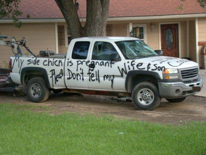 Angry Wife Trashes Her Man's Truck After He's Caught With His Side Chick (3 pics)