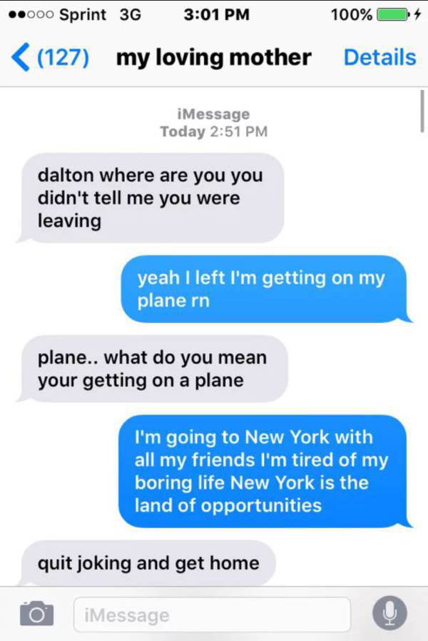 Son Tricks His Mom Into Thinking He's Flying To New York City (3 pics)
