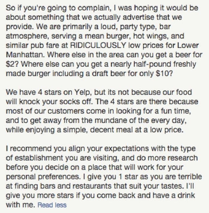Bar Owner Has A Great Response For An Unhappy Customer On Yelp (3 pics)