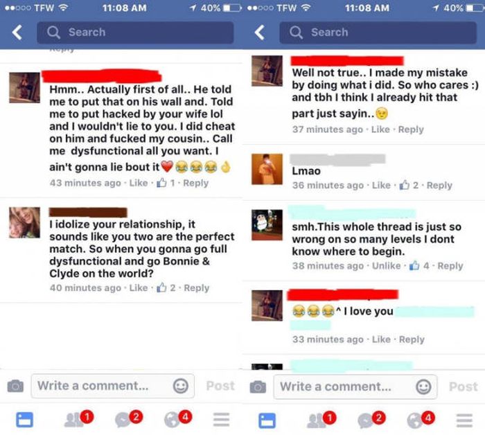 Cheating Wife Totally Owns Up To Banging Her Cousin On Facebook (5 pics)