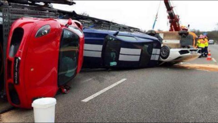 Transporter Carrying 9 Supercars Overturns On The Road (9 pics)