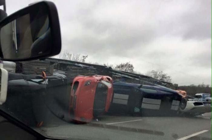 Transporter Carrying 9 Supercars Overturns On The Road (9 pics)