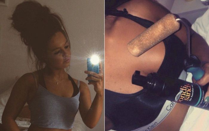 Girl Uses A Paint Roller To Apply Her Fake Tan As She Tries To Copy A Viral Photo (3 pics)
