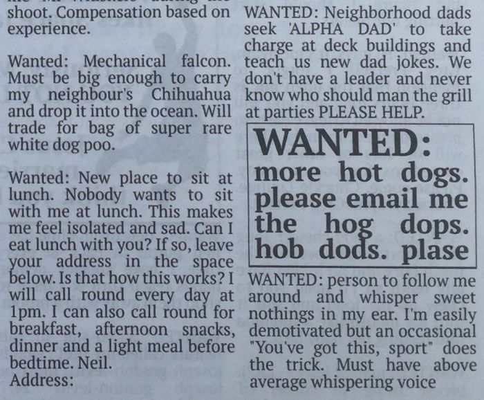 Hilarious Fake Want Ads From The Community Newspaper (11 pics)