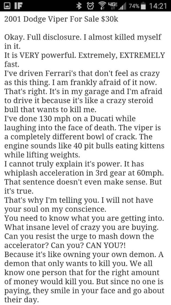 Guy's Discouraging Dodge Viper Ad Really Makes You Want To Buy His Car (4 pics)