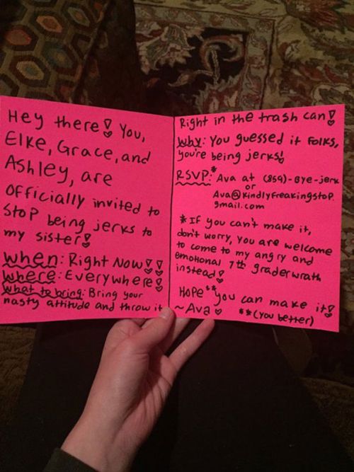 Young Kid Sends A Message To Her Sister's Bullies With A Fake Party Invitation (3 pics)