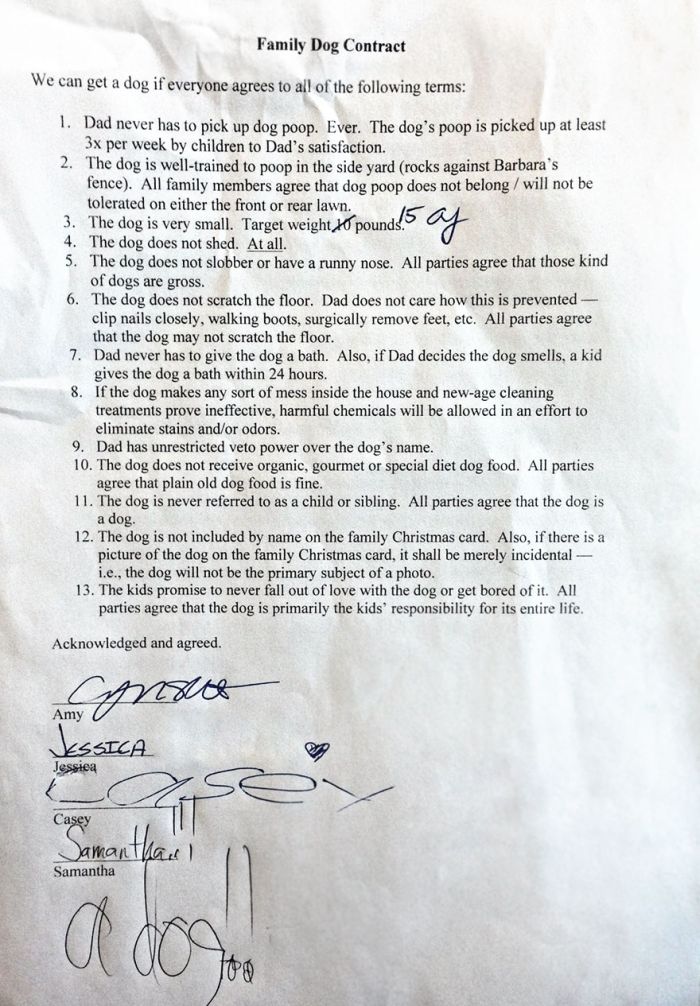 Dad Makes Kids Sign A Family Dog Contract Before Getting A Dog (2 pics)