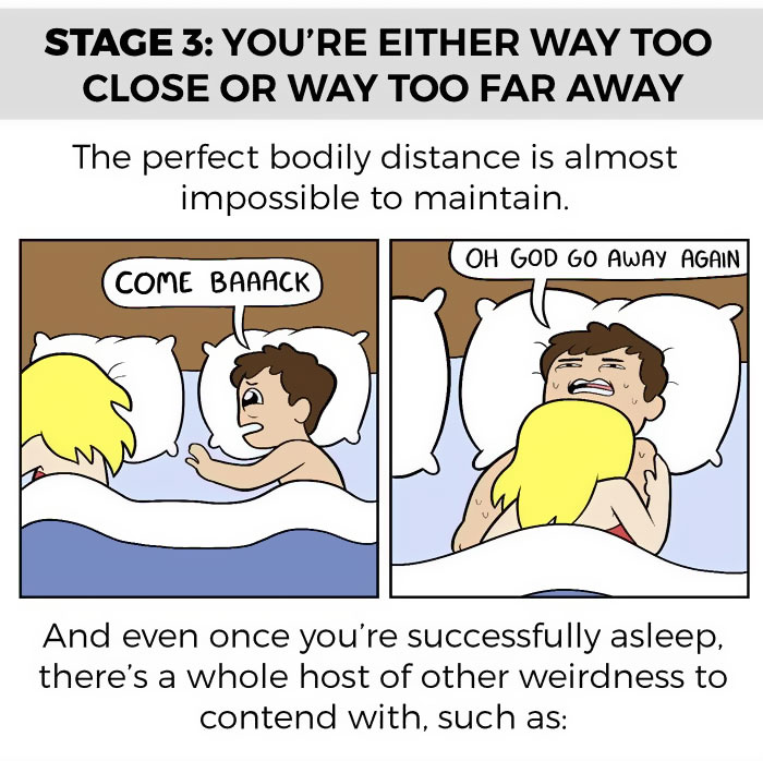 Hilarious Illustrations That Capture The Stages Of Sleeping With Your Partner (6 pics)