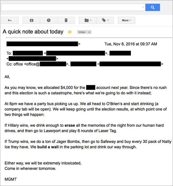 Boss Sends Out Epic Memo On Election Day (2 pics)