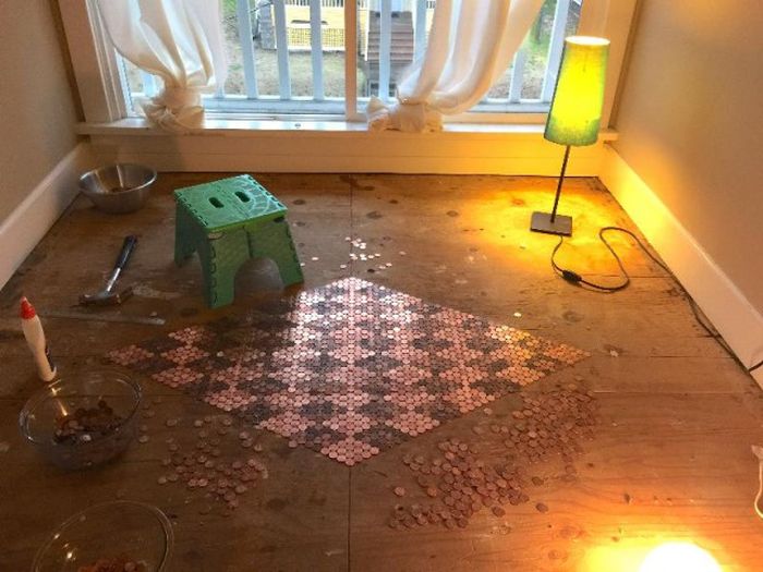 Woman Covers Her Entire Floor In Pennies (13 pics)