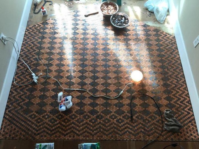 Woman Covers Her Entire Floor In Pennies (13 pics)