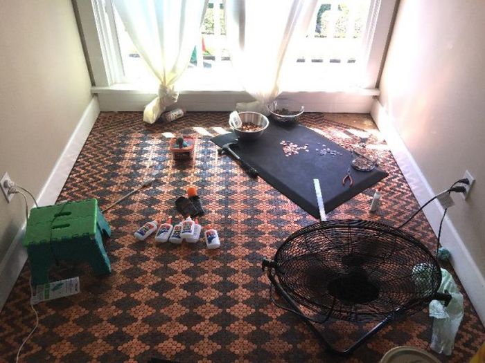 Woman Covers Her Entire Floor In Pennies (13 pics)