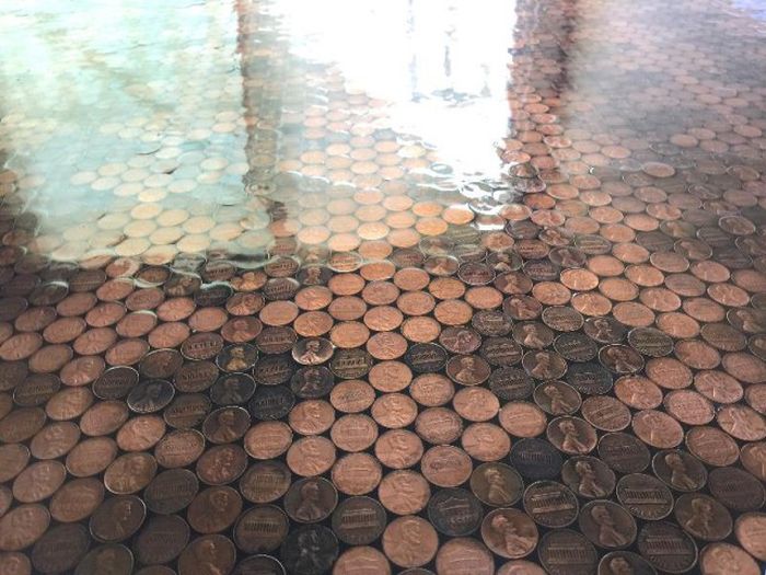 Woman Covers Her Entire Floor In Pennies (13 pics)