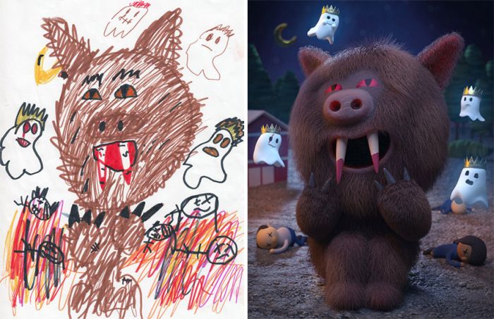 Artists Recreate Kids’ Monster Doodles In Their Unique Styles (35 pics)
