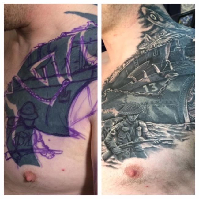 Guy Shows Off His Amazing World War II Cover Up Tattoo (8 pics)