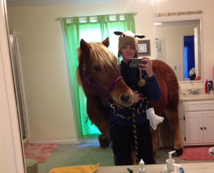 Girl Takes Selfies With A Horse In Her Parents' House (3 pics)